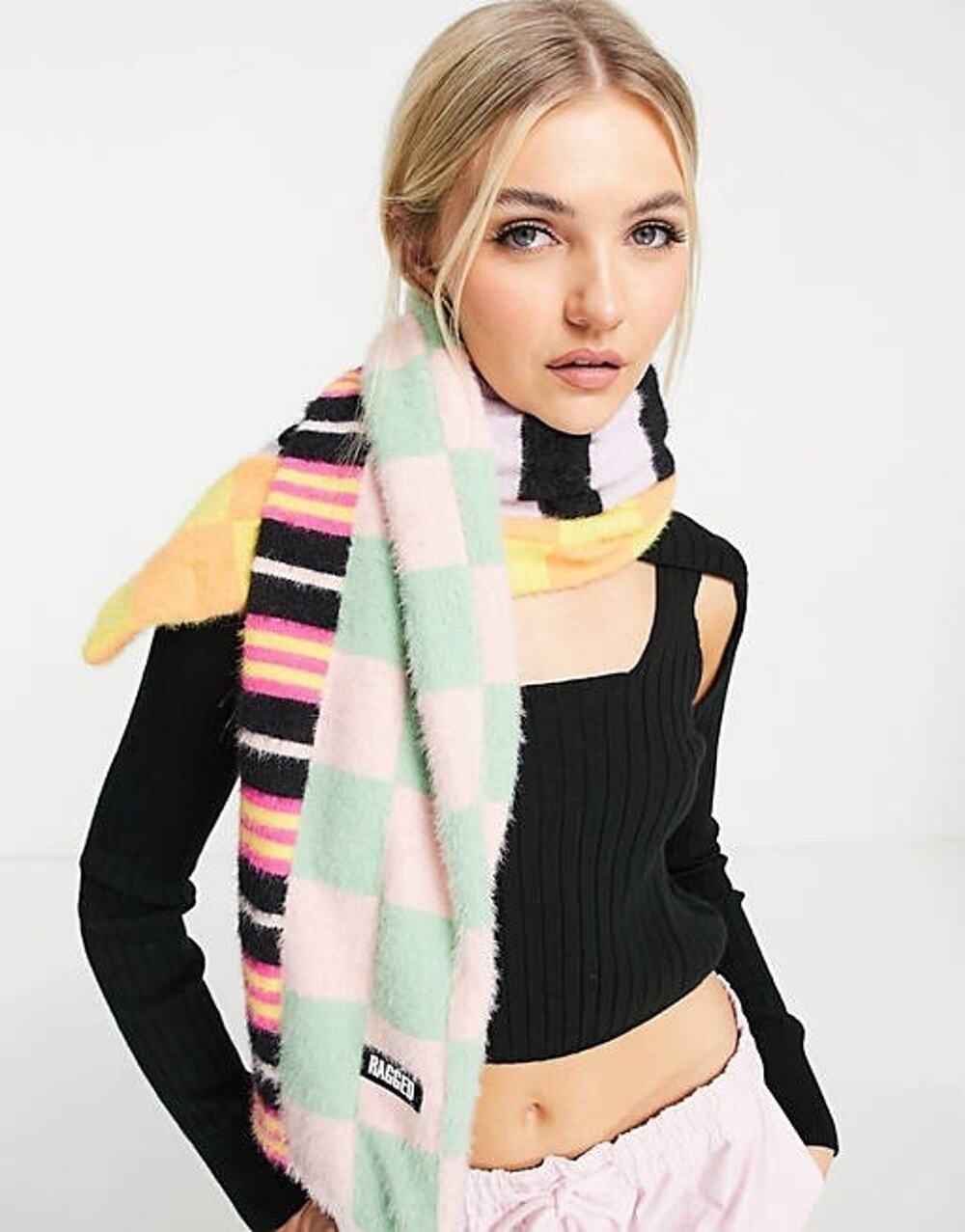 Ragged Priest Fuzzy Patchwork Scarf Multicolor Striped Checkered NWT